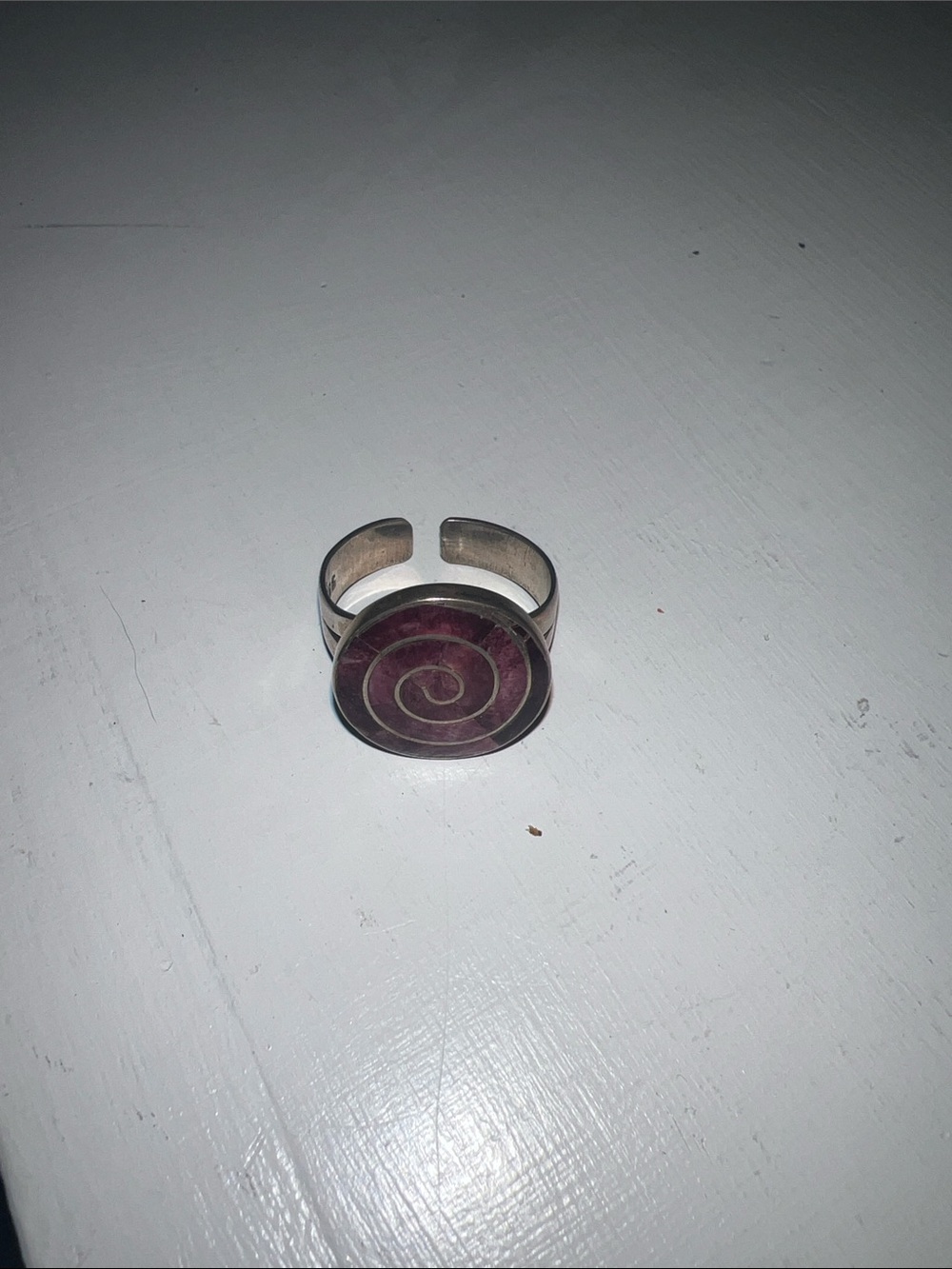 Adjustable Silver-Tone Ring with Deep Purple Spiral Inlay